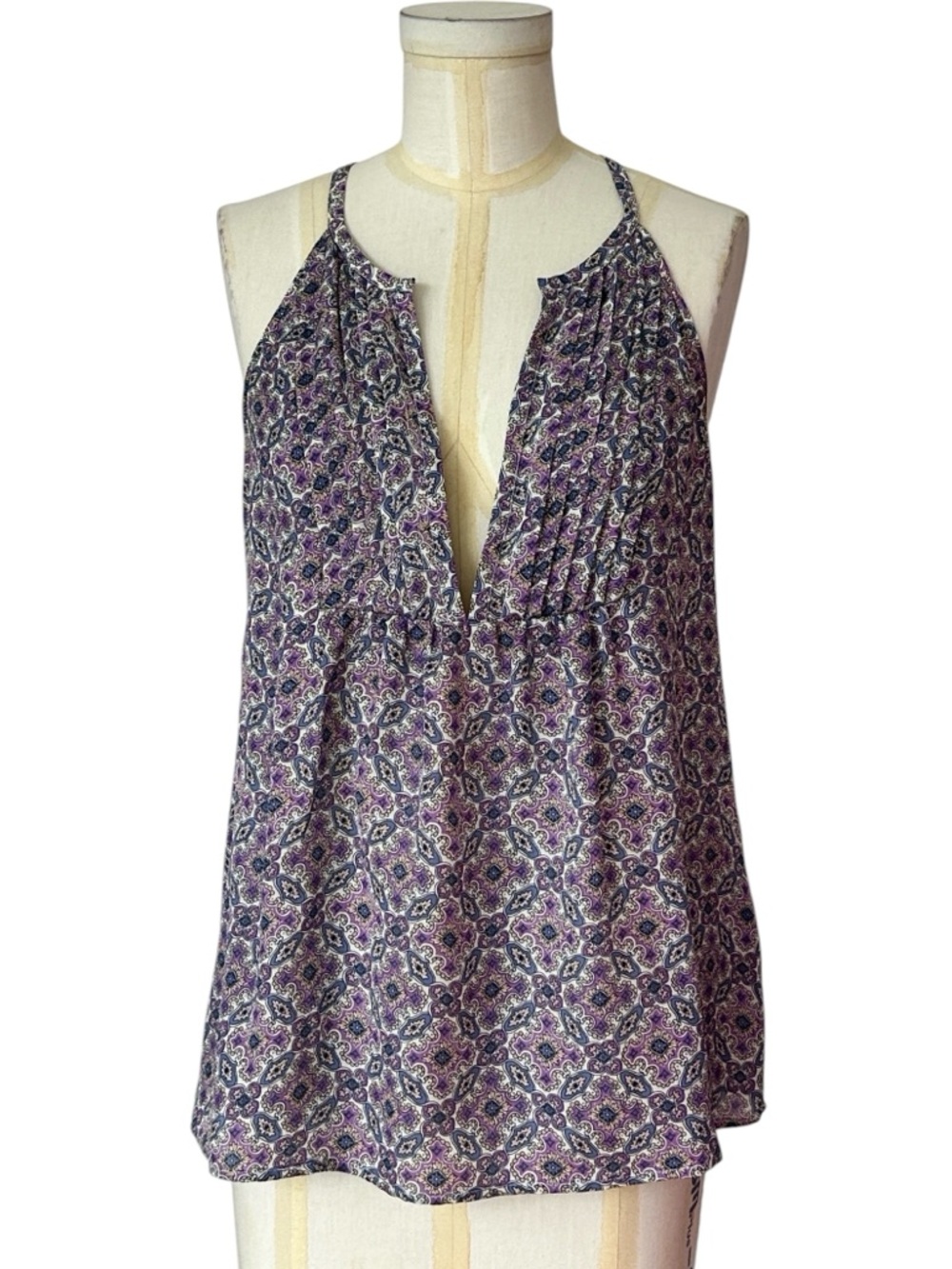 Joie Purple Silk Boho Floral Mosaic Pintuck Baby Doll Top Sleeveless Size Small